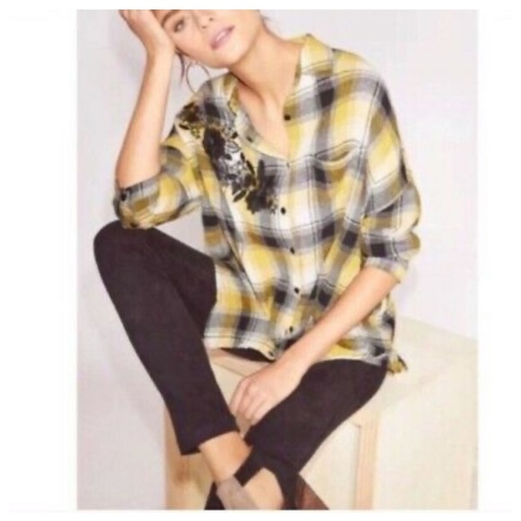 Anthro Maeve Embroidered Yellow Plaid Button Down - Picture 8 of 8